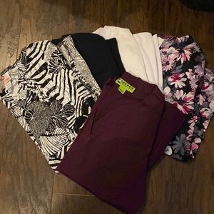 5 scrub tops, 3 pants (4 sets, 1 extra top)
